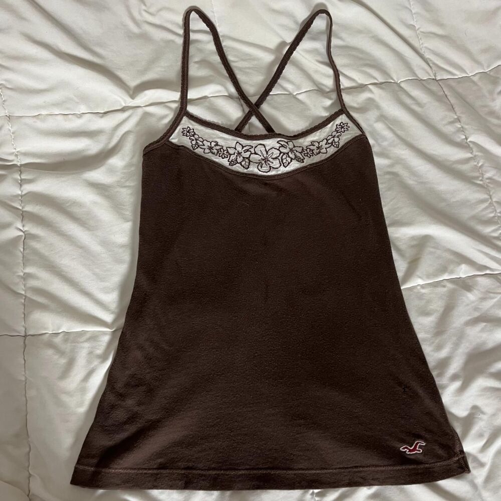 Brown Vintage 2000s Cross-Back Straps Tank Top from Hollister Floral Design